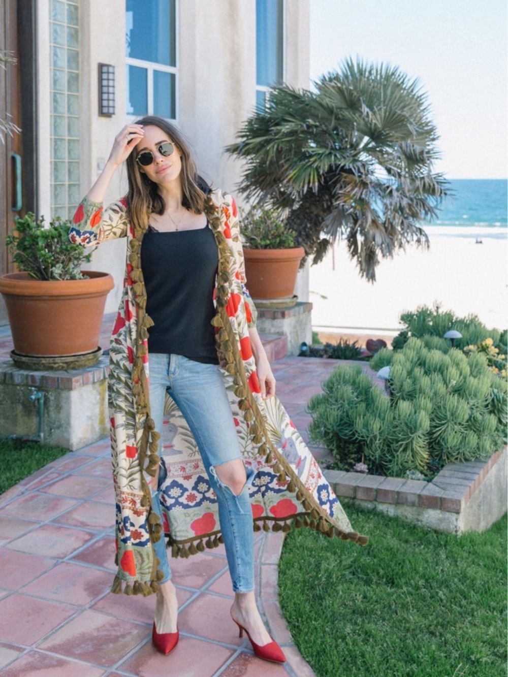 Rhode Resort Boho Floral Tassel Duster in Cream and Red M - Picture 3 of 11